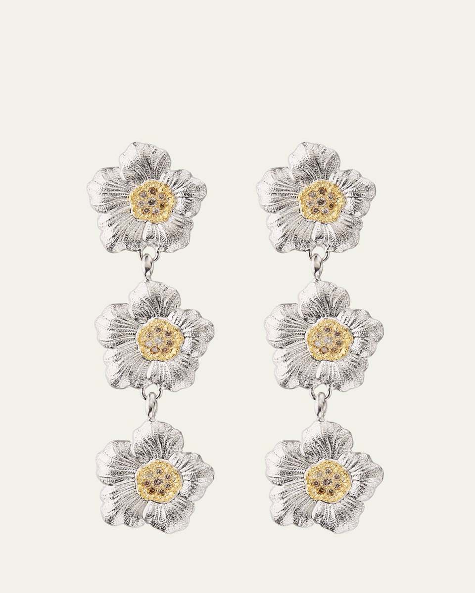 Blossoms Gardenia Sterling Silver and 18K Yellow Gold Diamond Triple Drop Earrings